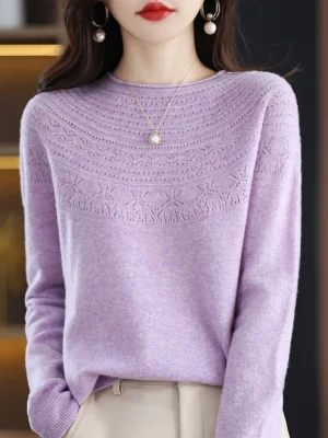 Pure Wool Sweater Women’s Hollow Knitted Pullover