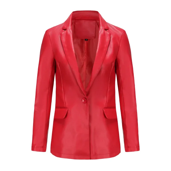 Fashion Single Button Red Leather Jacket For Women - Image 2