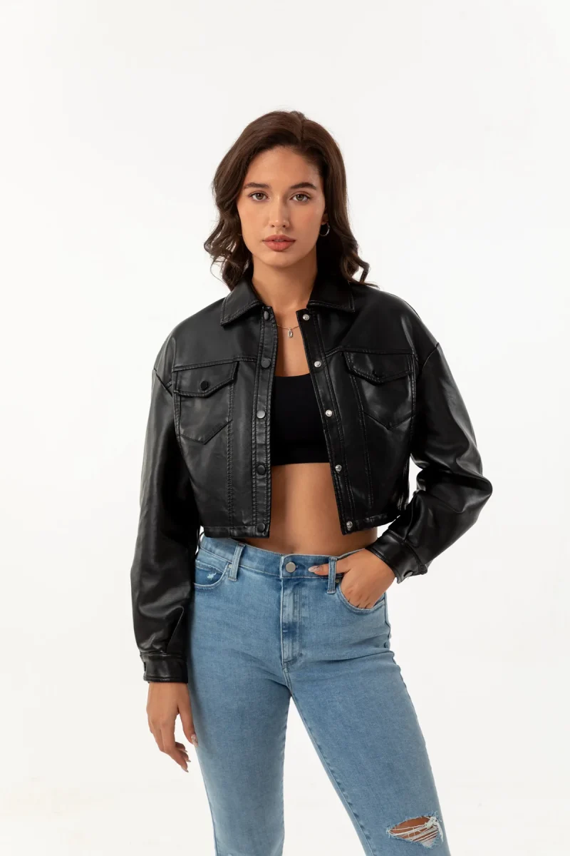 Autumn Short Leather Jacket Coats Women Long Sleeve