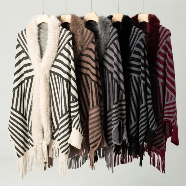 Fur Striped Poncho Cardigan Office Lady Batwing Sleeve Cape Knitted Shawl Sweaters - Image 8