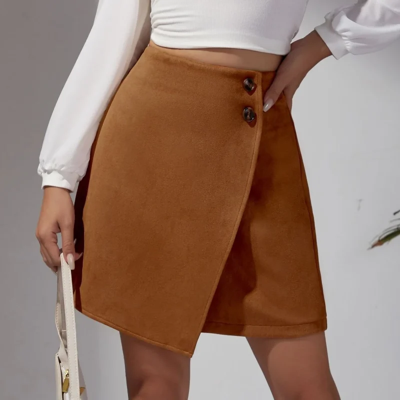 Winter Suede Irregular Skirt Solid Color High Waist Zipper Button - Image 5
