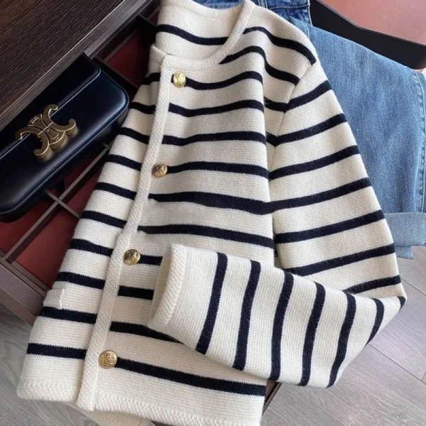 Women's Spring Fall Long Sleeve O-Neck Sweater Striped Knitted Cardigan - Image 2