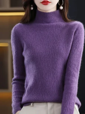 Merino Wool Sweater Women’s Slim Knitted Pullover Half Turtlenec