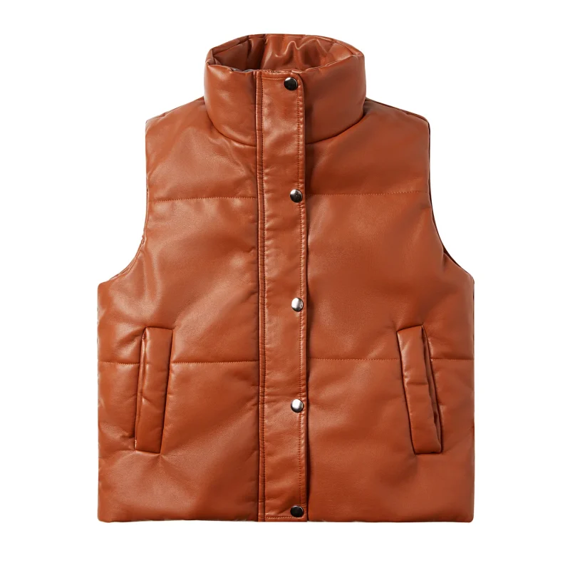 Winter Pu Leather Vest Cotton Coat Single Breasted Sleeveless Jackets - Image 3