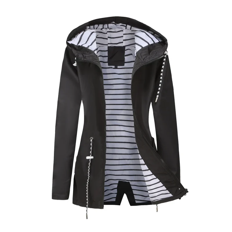 Women Outdoors Windbreaker Coat Black Raincoat Fall Long Sleeve Jackets - Image 3