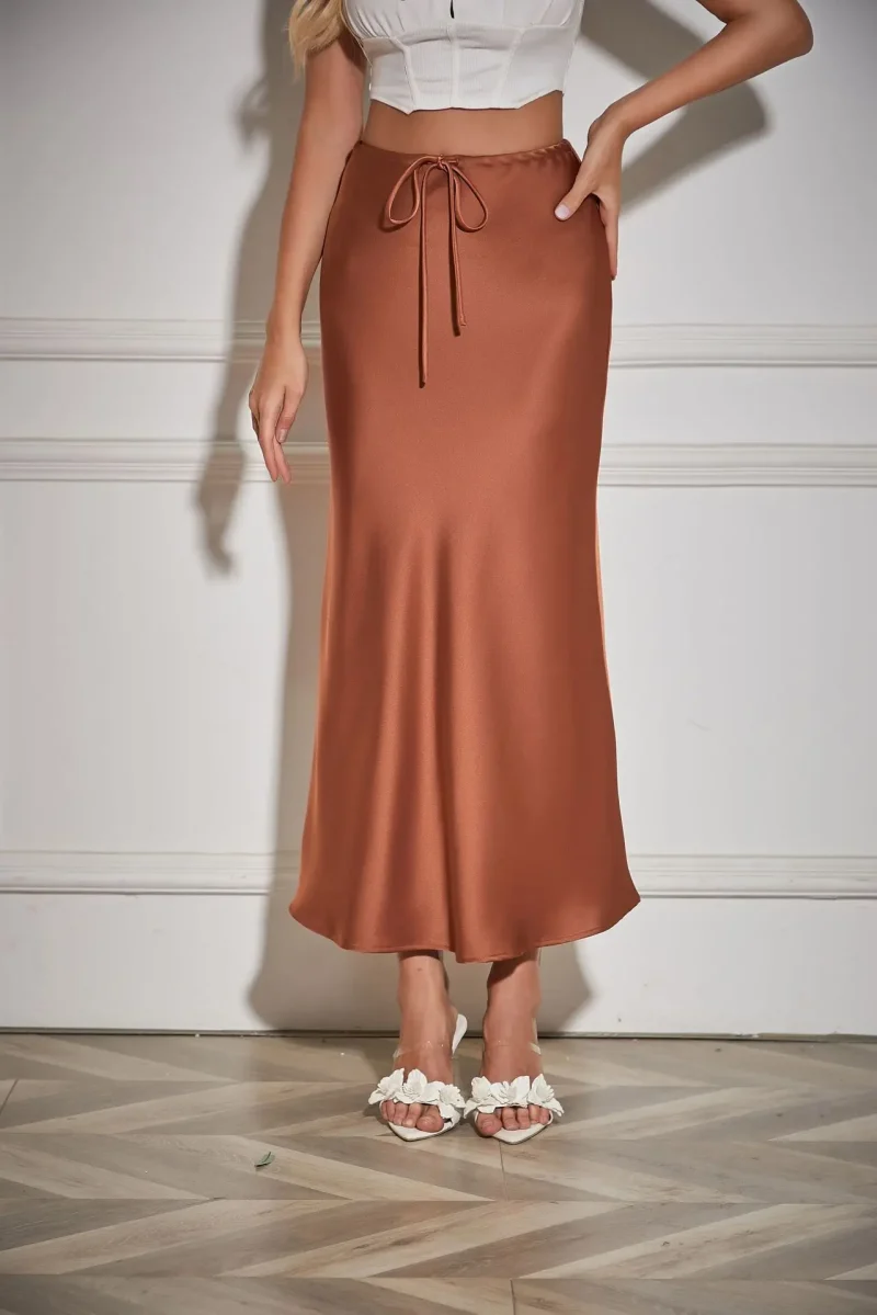 Summer Solid Color Satin Long Skirt For Women High Waist Lace-Up Fashion - Image 9