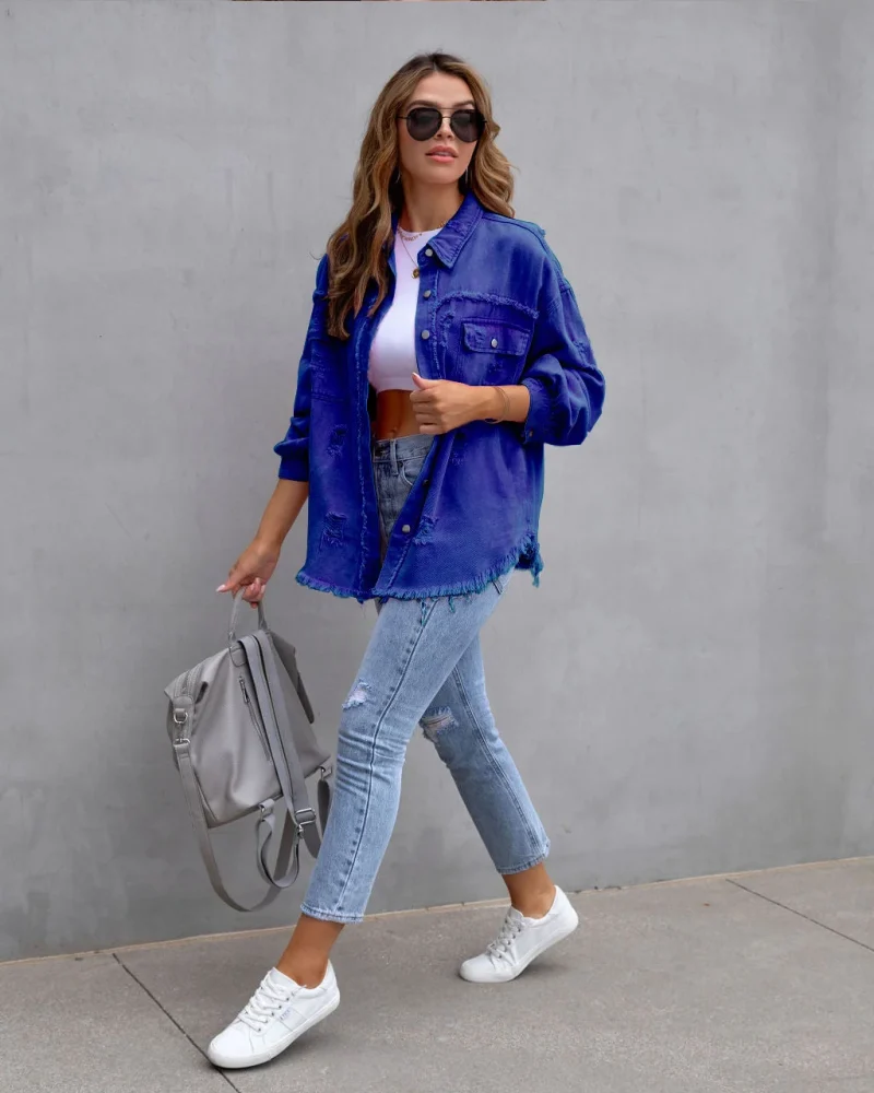 Loose Long Denim Jacket With Torn Holes Women Streetwear - Image 9