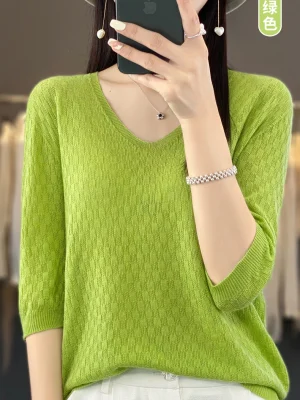 V-neck Fine Imitation Cashmere Short-Sleeved