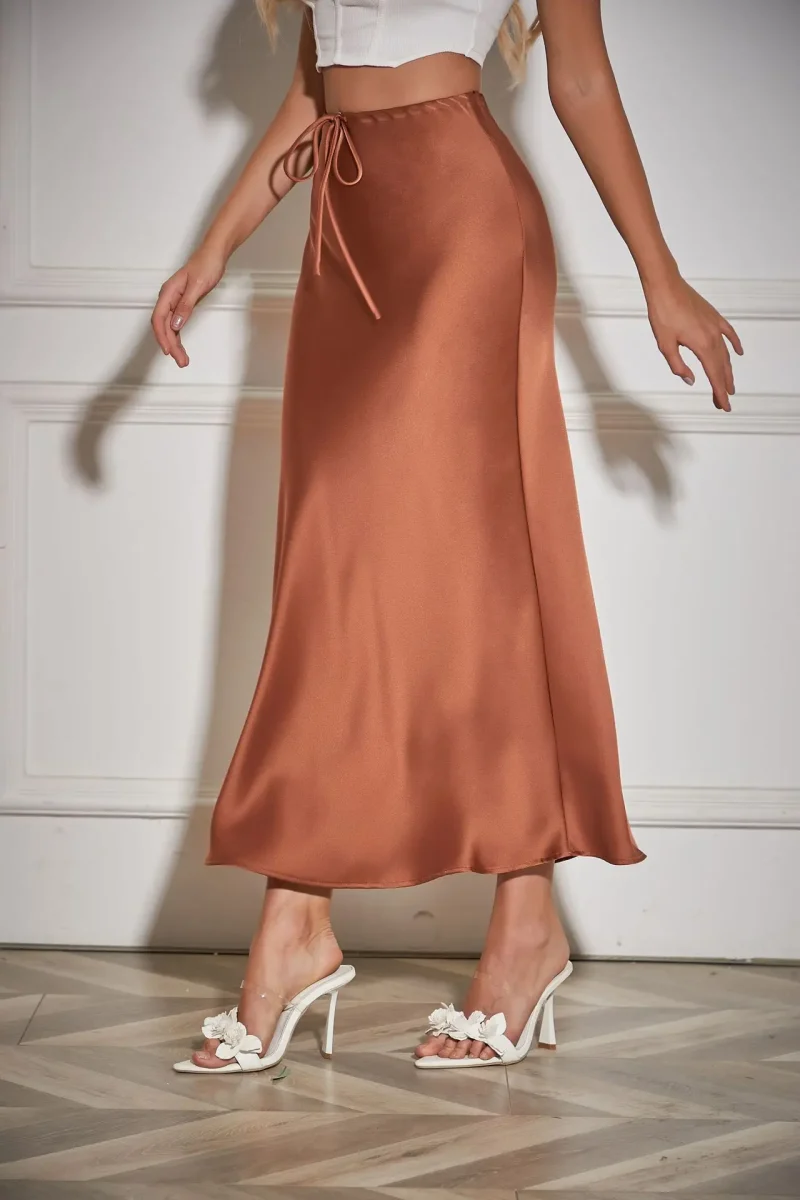 Summer Solid Color Satin Long Skirt For Women High Waist Lace-Up Fashion - Image 10