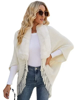 Fall Winter Fashion Fur Collar Tassel Poncho Women Batwing Sleeve Knitted Cardigan