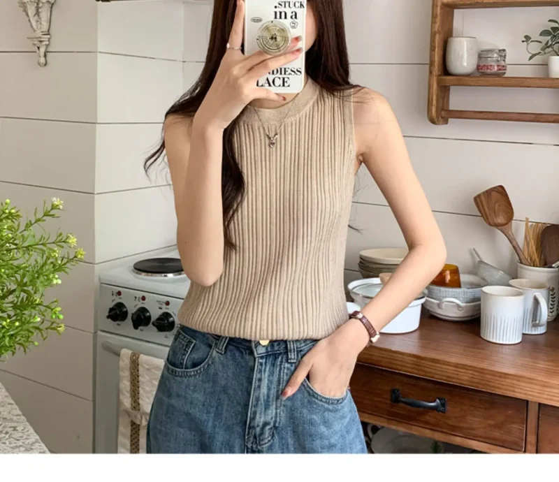 Korea Knitted Vests Women Top O-neck Solid Tank - Image 10