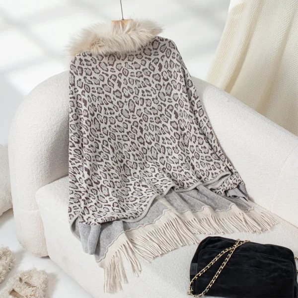 Women's Leopard Print Fur Shawl Knitted Cardigan Jacket - Image 6