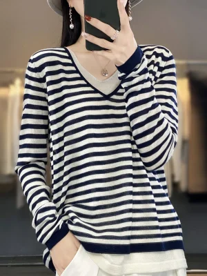 Women 100% Fine Wool Sweater Double V-Neck