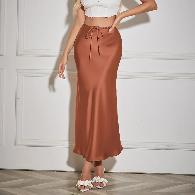 Summer Solid Color Satin Long Skirt For Women High Waist Lace-Up Fashion - Image 3