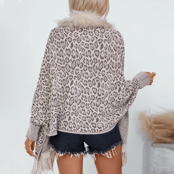 Women's Leopard Print Fur Shawl Knitted Cardigan Jacket - Image 4