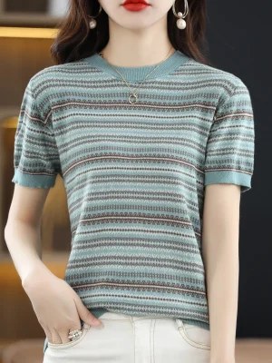 Summer Women Fine Wool Cotton T-shirt Round Neck Half Sleeve