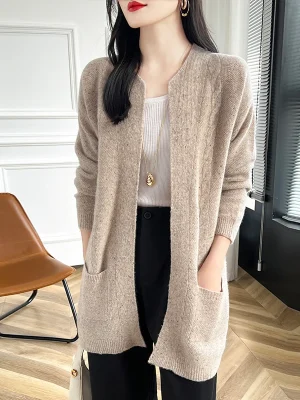 Round-Neck Mid-Length 100% Pure Wool Cardigan Sweater