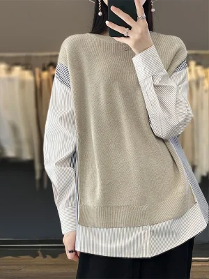 Wool Cotton Splicing Sweater Round Collar Strip Pullover