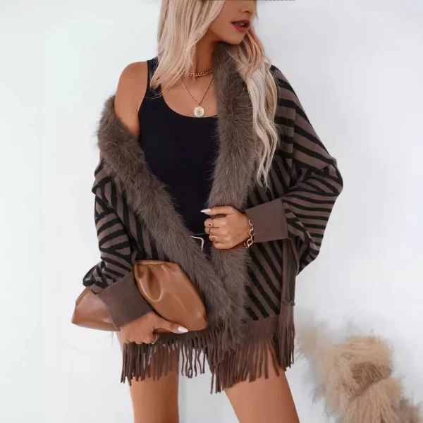 Fur Striped Poncho Cardigan Office Lady Batwing Sleeve Cape Knitted Shawl Sweaters - Image 2