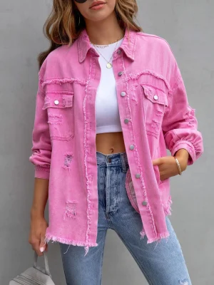 Loose Long Denim Jacket With Torn Holes Women Streetwear