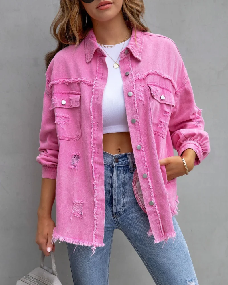 Loose Long Denim Jacket With Torn Holes Women Streetwear