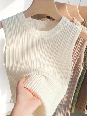 Korea Knitted Vests Women Top O-neck Solid Tank