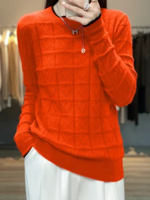 Pure Wool Round Neck Jumper Love Hollow Knit Sweater