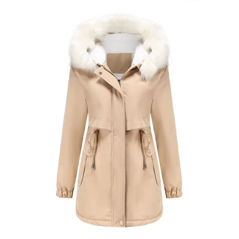 Women Faux Fur Collar Hooded Long Sleeve Fleece Thick Warm Jacket - Image 4