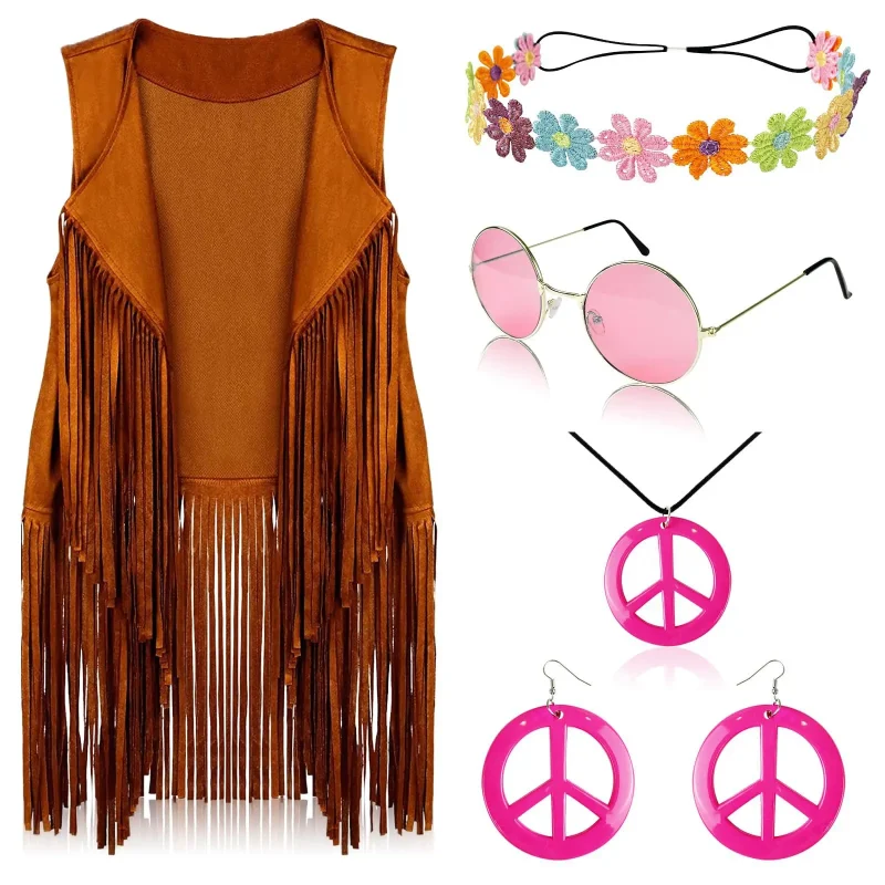 5 Piece Set Hippie Clothes Party Attire Suede Sleeveless Tassel Cardigan Vest - Image 8