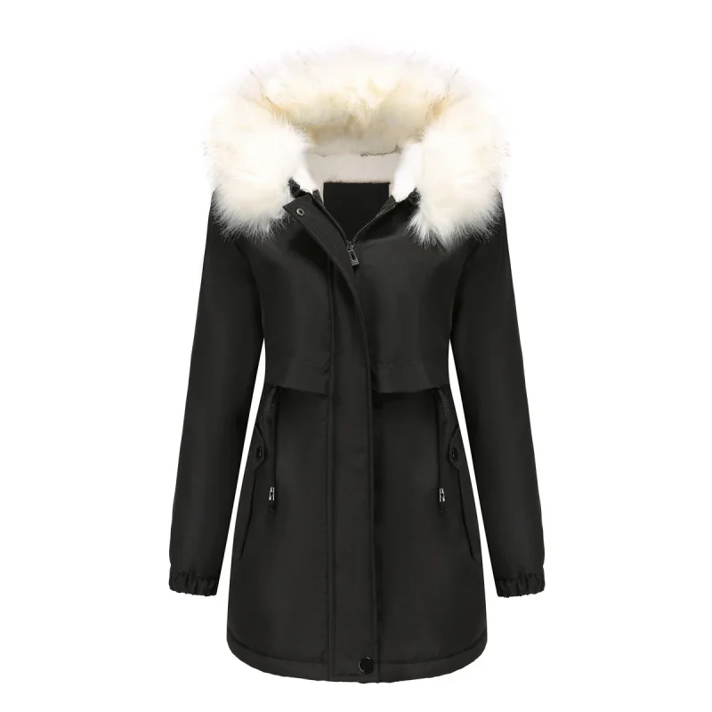 Women Faux Fur Collar Hooded Long Sleeve Fleece Thick Warm Jacket - Image 5