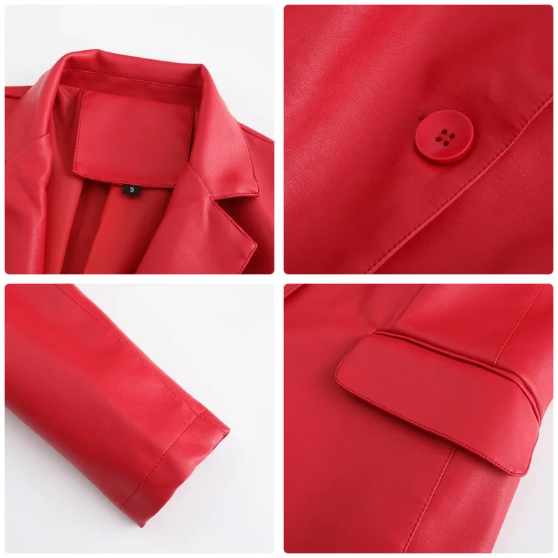 Fashion Single Button Red Leather Jacket For Women - Image 4