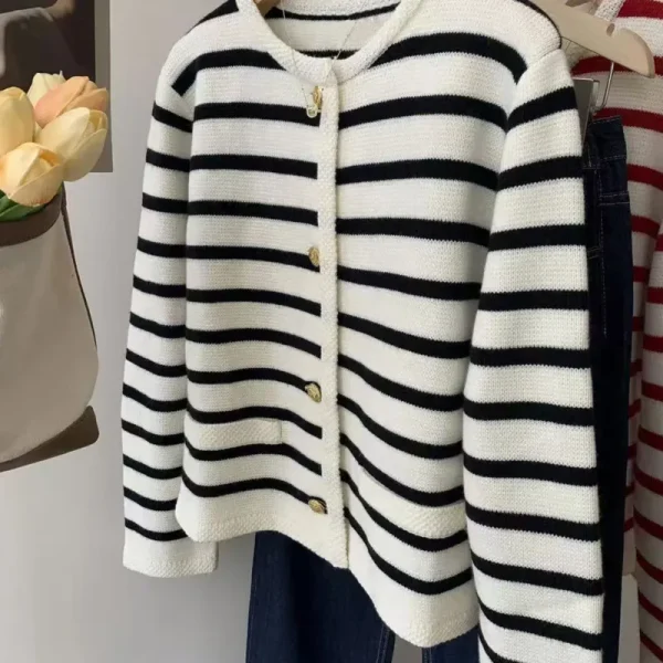 Women's Spring Fall Long Sleeve O-Neck Sweater Striped Knitted Cardigan - Image 6