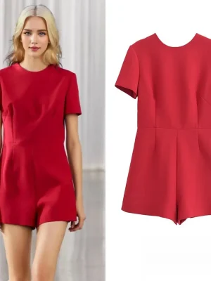 Fashion Women Chic Jumpsuits Red O-Neck Short Sleeves