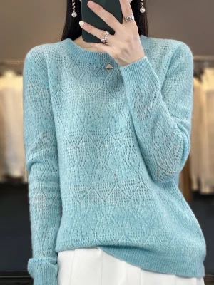 Wool Sweater Round Collar Diamond Square Hollow