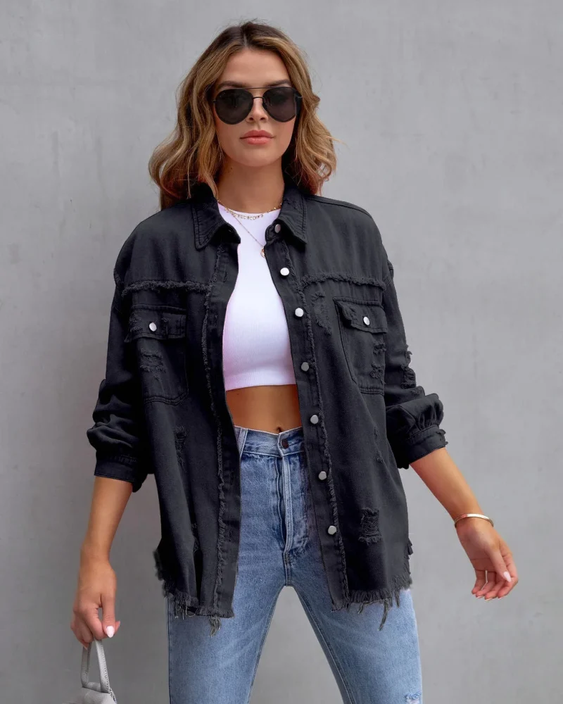 Loose Long Denim Jacket With Torn Holes Women Streetwear - Image 11