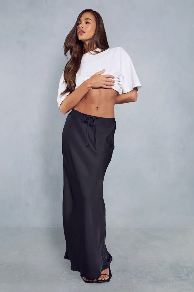 Summer Solid Color Satin Long Skirt For Women High Waist Lace-Up Fashion - Image 17