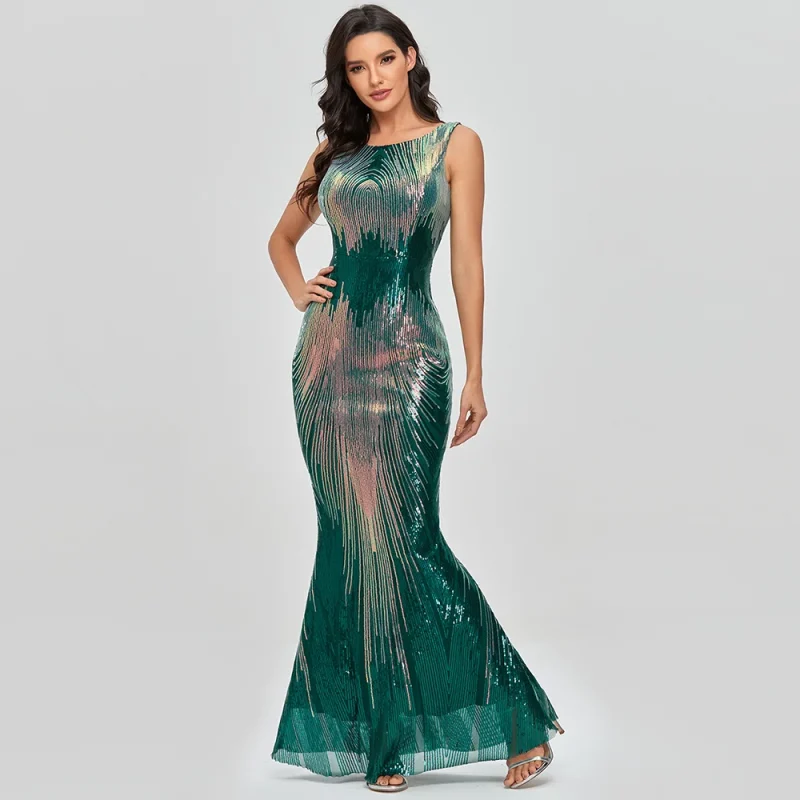Sexy vintage Green Sequin Bodycon Maxi Party Dress - Image 4