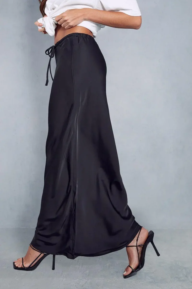Summer Solid Color Satin Long Skirt For Women High Waist Lace-Up Fashion - Image 18