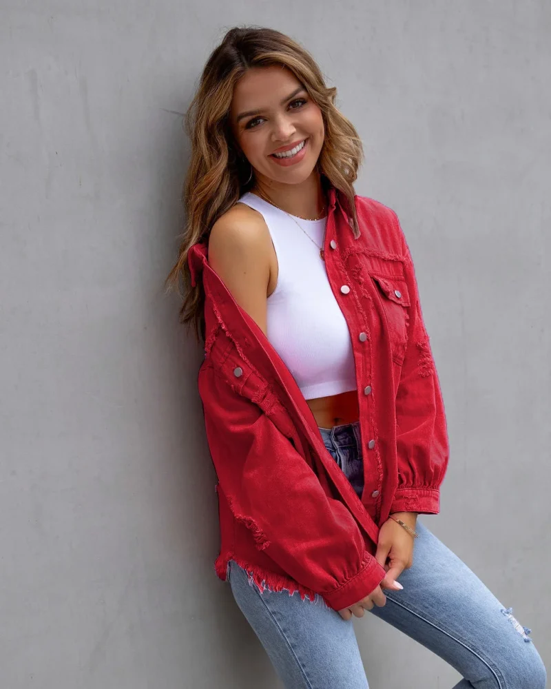 Loose Long Denim Jacket With Torn Holes Women Streetwear - Image 15
