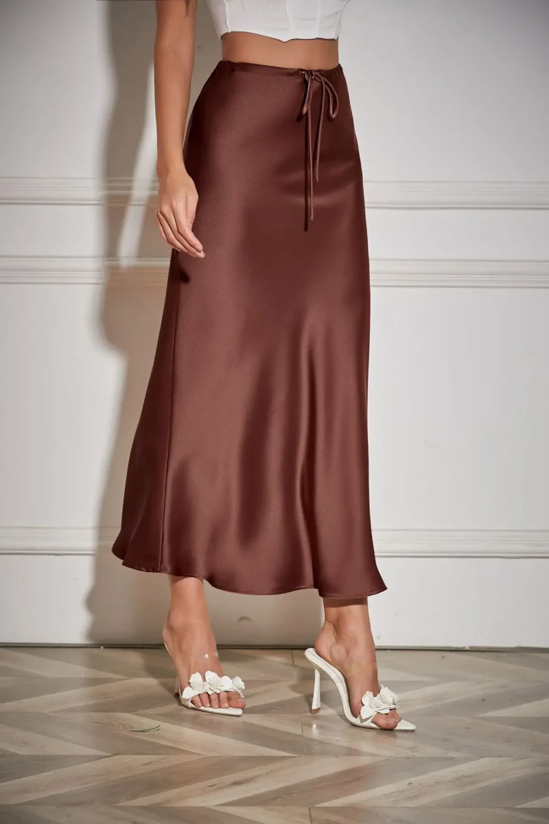 Summer Solid Color Satin Long Skirt For Women High Waist Lace-Up Fashion - Image 11