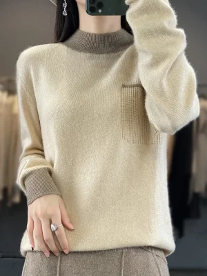 Women Half-high Color Blocking Sweater 100% Merino Wool