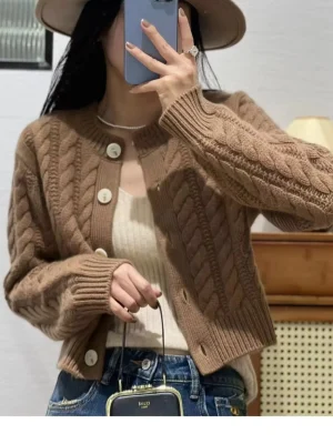 Women’s Pure Cashmere Wool Sweater Round Neck Twists Short Cardigan