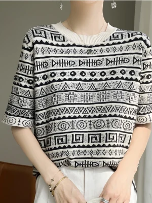 Cotton T-shirt Sweater Spring Summer O-neck Half Sleeve Retro