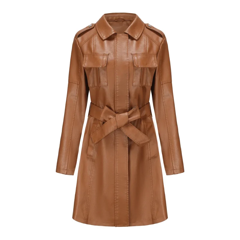 Long Leather Jacket With Belt For Women 2024