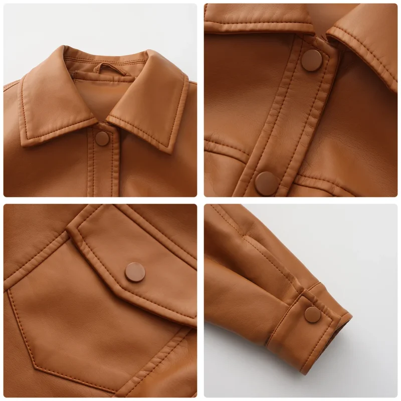 Autumn Short Leather Jacket Coats Women Long Sleeve - Image 11