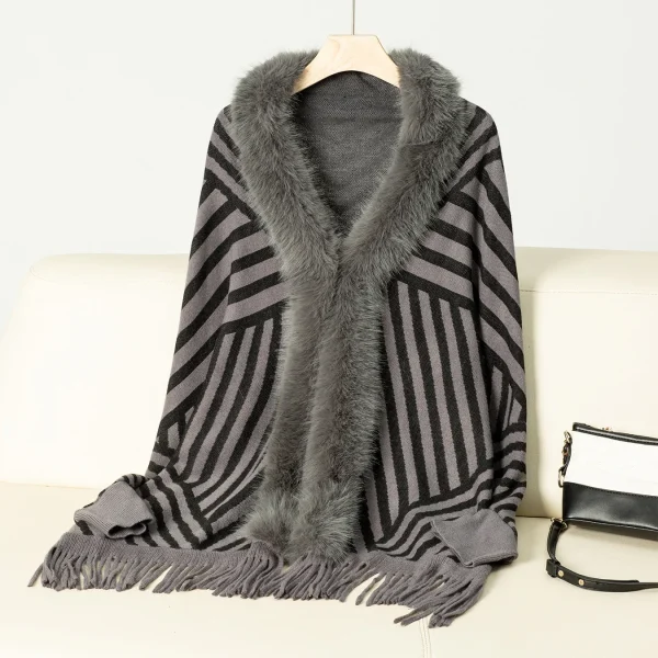 Fur Striped Poncho Cardigan Office Lady Batwing Sleeve Cape Knitted Shawl Sweaters - Image 10