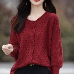 Women's 100% Cotton Sweater Round Collar Bat Sleeve Cardigan