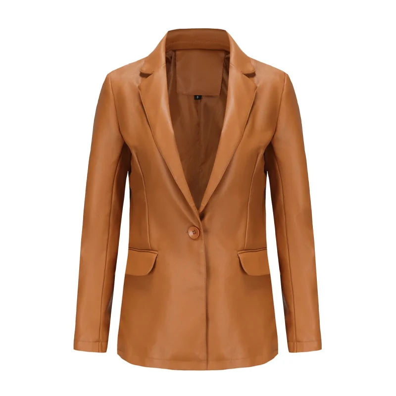 Fashion Single Button Red Leather Jacket For Women