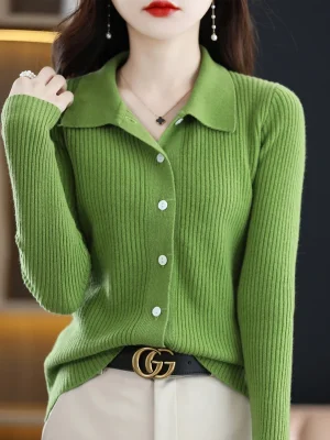 POLO Collar Wool Cardigan Women’s Long-Sleeved