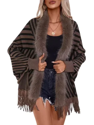 Fur Striped Poncho Cardigan Office Lady Batwing Sleeve Cape Knitted Shawl Sweaters